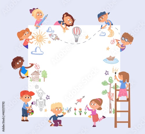 Children banner. Drawing kids, girl painting wall. Cartoon child draw picture, creative preschool toddler together. Blank poster decent vector template