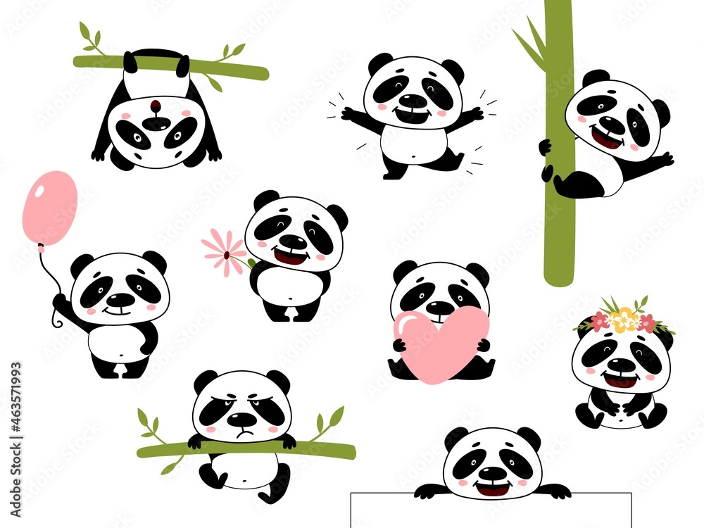 Naklejka premium Cartoon cute panda. Baby pandas, asian bear with bamboo. Wild funny animal, diverse pose characters. Isolated kawaii kid classy vector sticker elements