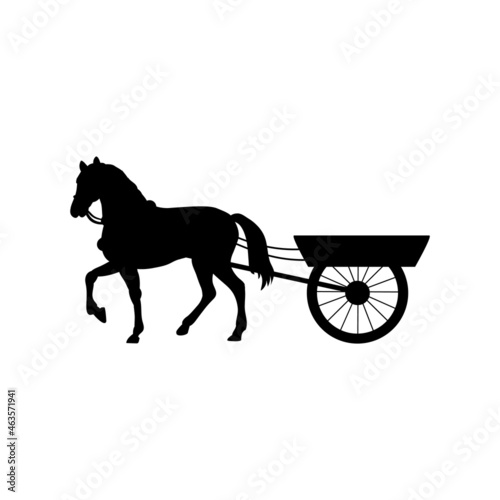 Silhouette horse harnessed to cart. Traditional rural transportation