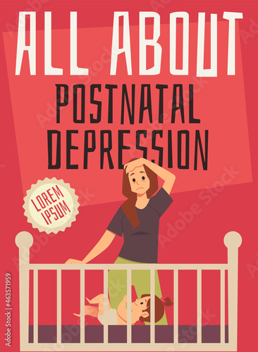 Postnatal Depression flat vector concept. Tired Unhappy Mom stand before baby crib with infant in it.