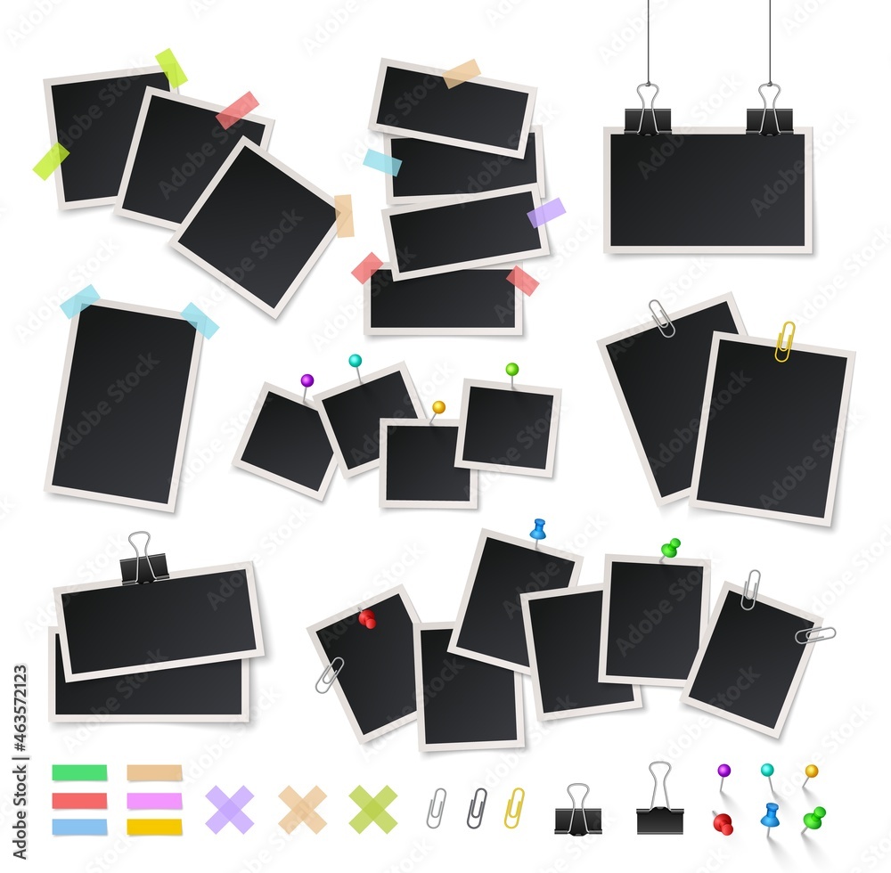 Frames and pins. Photo album frame, black blank photography template. Color  pin and tape, memory stickers, clips. Retro exact vector cards Stock Vector  | Adobe Stock