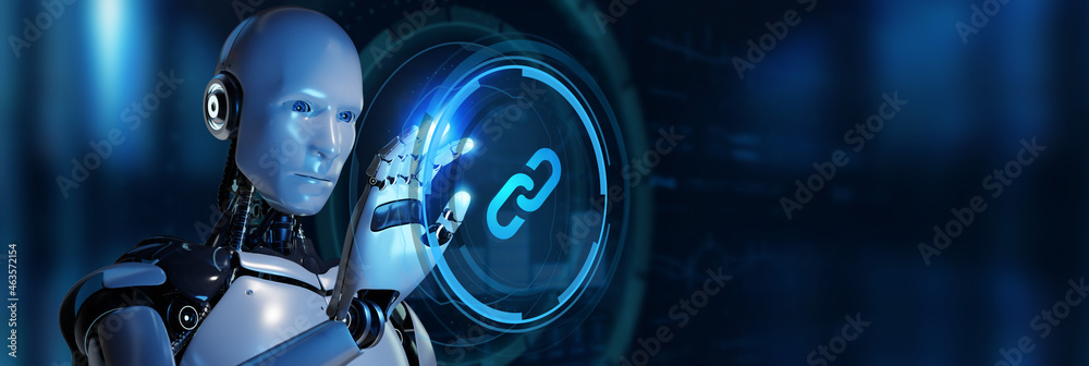 Fototapeta premium Chain Link icon on abstract blue background. Hyperlink chain symbol concept.Robot pressing button on virtual screen. 3d render