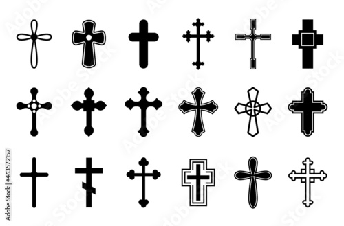 Christian crosses. Cross icons, orthodox catholic religious symbols. Isolated decorative holy elements, church outline logo exact vector collection