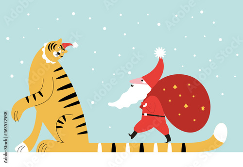 Year of Tiger. The Tiger and Santa with a sack of gifts