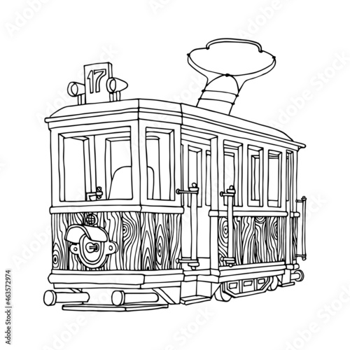 soviet wooden old tram of the 40s with one headlight, museum exhibit, vector illustration with contour lines in black ink isolated on a white background in a hand drawn style