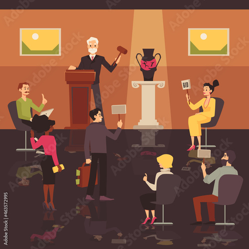 Auction bidding banner with people characters, flat vector illustration.