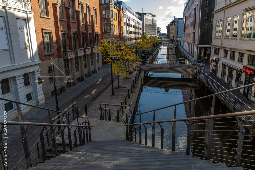 Square at Aarhus canal in the center of the city, Denmark