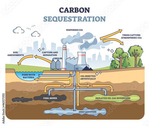 Carbon sequestration with CO2 capture and storage underground outline diagram. Educational scheme with labeled pipeline system as ecological environmental solution for emissions vector illustration.