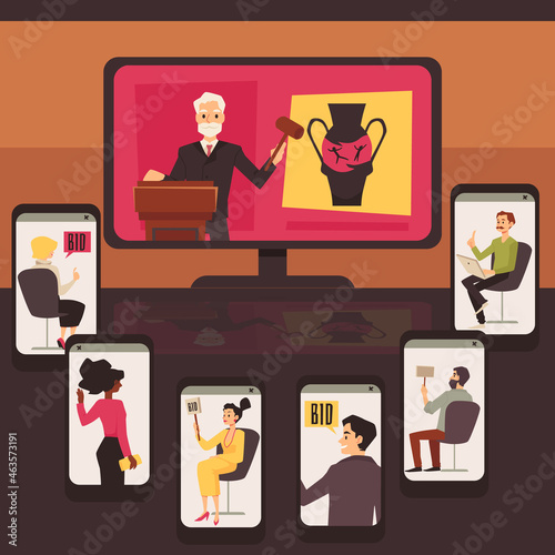 Online auction with people bidding via mobile app, flat vector illustration.