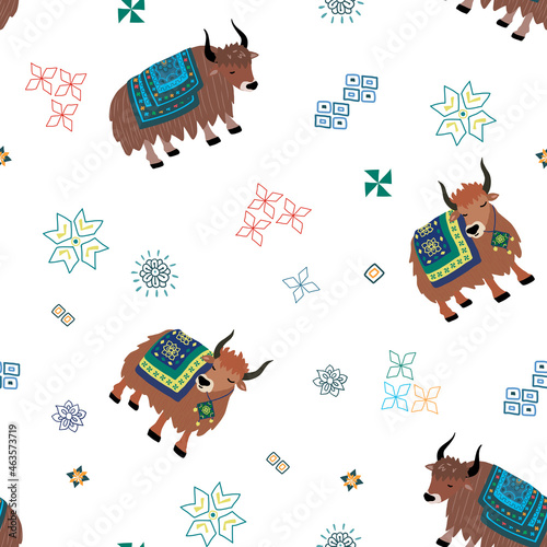 Seamless pattern with domestic yak and Tibetan elements. Cute vector hand drawn yak background. Vector illustration isolated on white background
