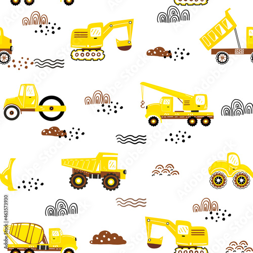 Cute seamless pattern with construction machinery. Perfect for kids fabric, textile, wrapping, nursery wallpaper. Vector seamless childish pattern with hand drawn building cars.
