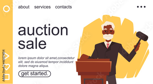 Auction sale web banner or presentation page interface, vector illustration.