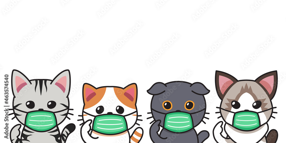 Set of vector cartoon character cats wearing protective face masks for design. Set of vector cartoon character cats wearing protective face masks for design.