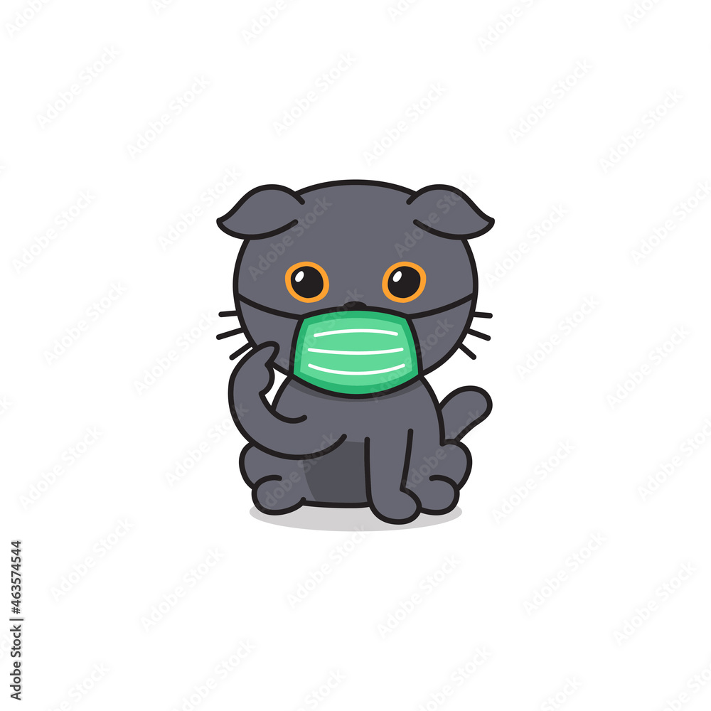 Cartoon character scottish fold cat wearing protective face mask for design.