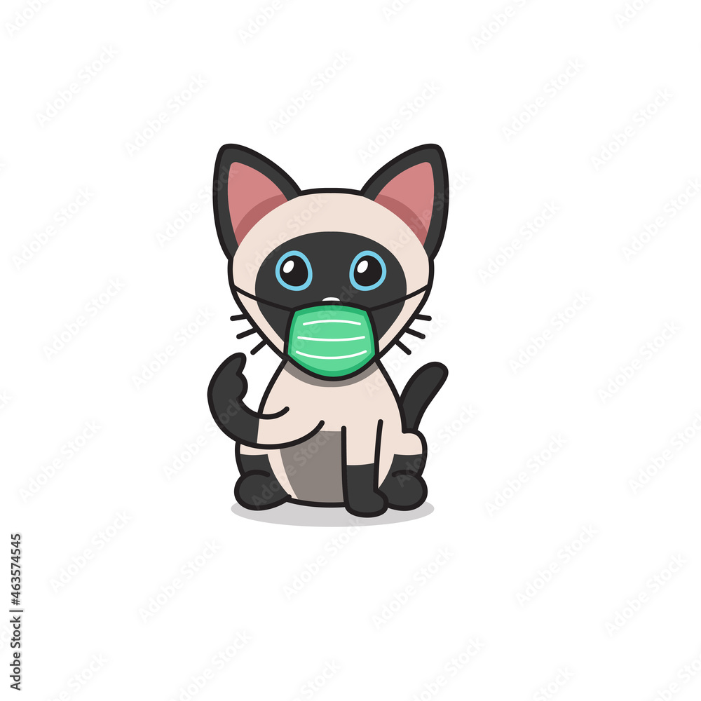 Cartoon character siamese cat wearing protective face mask for design. Cartoon character siamese cat wearing protective face mask for design.