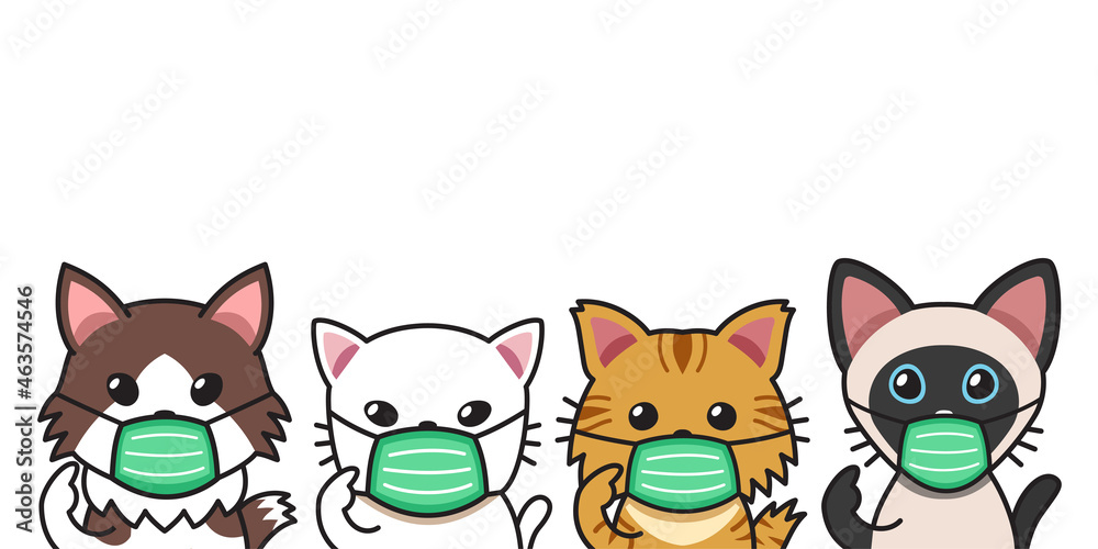Obraz premium Set of cartoon character cute cats wearing protective face masks for design.
