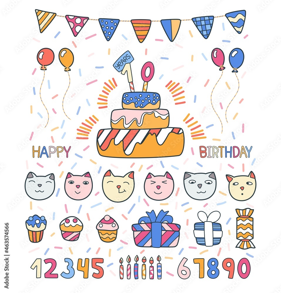 Fototapeta premium Set of festive decor elements for birthday. Cute cartoone graphics. Vector design