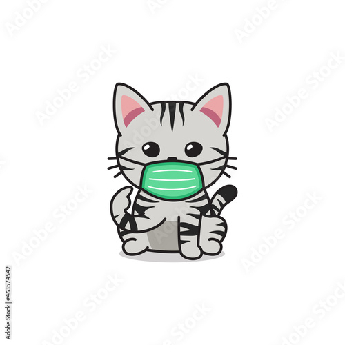 Cartoon character american shorthair cat wearing protective face mask for design.