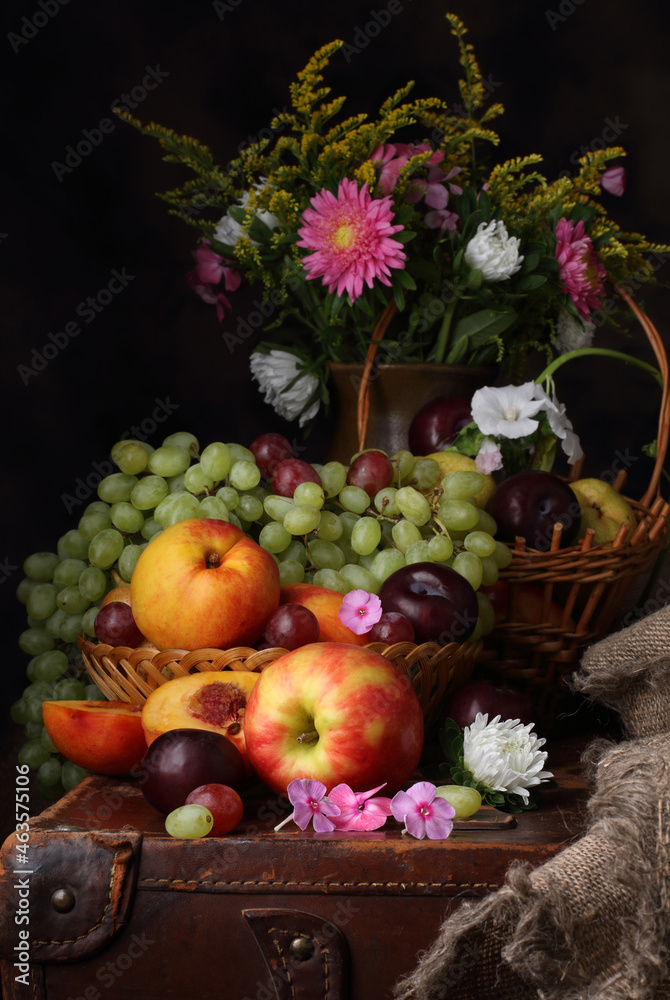 Still life with flowers and fruits in retro style