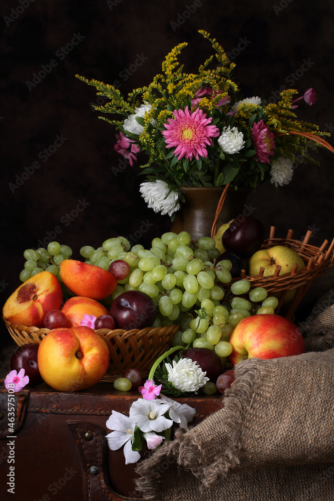 Still life with flowers and fruits in retro style Still life with flowers and fruits in retro style