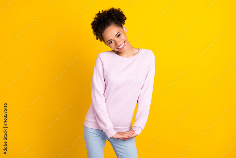Portrait of gorgeous satisfied dark skin people toothy smile look camera isolated on yellow color background