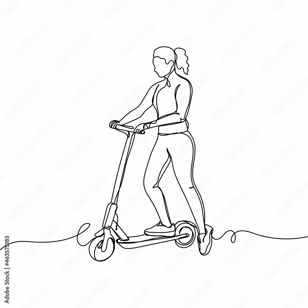 Continuous one single line drawing of girl is riding an electric scooter in silhouette on a white background. Linear stylized.