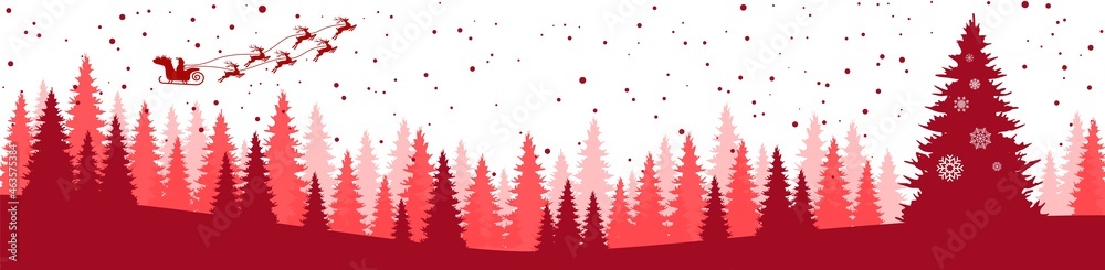 christmas firs with falling flakes and flying santa claus christmas firs with falling flakes and flying santa claus