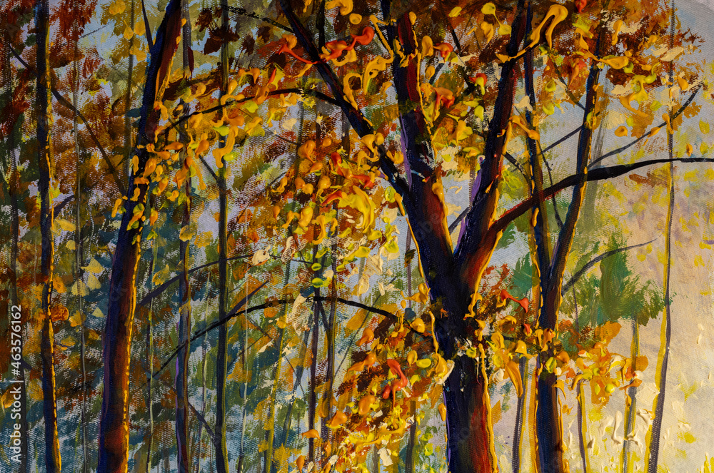 Acrylic oil watercolor painting colorful autumn forest