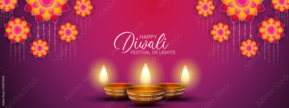 Happy Diwali - festival of lights colorful banner template design with decorative diya lamp.