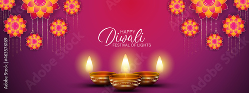 Happy Diwali - festival of lights colorful banner template design with decorative diya lamp.