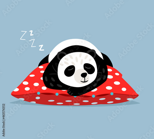 Sleeping panda. Cute lazy asian bear on polka dot red pillow, tired sleep comic animal bears vector cartoon illustration, kawaii relax weekend character mascot
