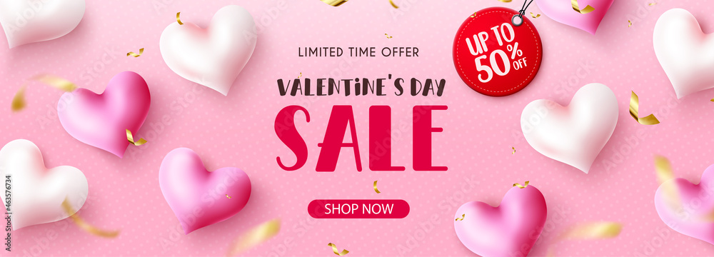 Valentines sale vector banner background. Valentine's day limited offer text with up to 50% off sale tag in pink space for valentine discount promotion advertisement design. Vector illustration.
