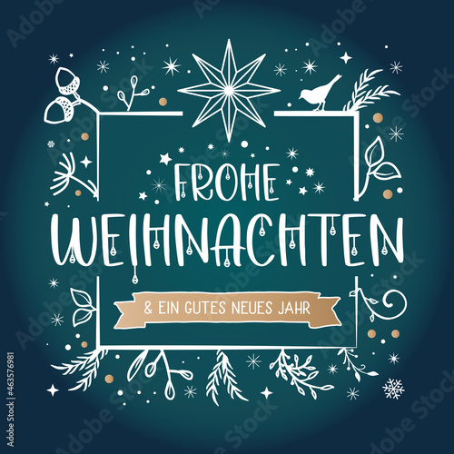 Frohe Weihnachten - Karte mit Weihnachtsdekoration und Stern auf grünem Hintergrund - deutscher Text