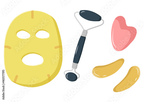 Set of illustrations for facial skin care. Morning routine. Good habits for every day. Fabric mask, eye patches and massage tools at home. Vector flat illustration in cartoon style