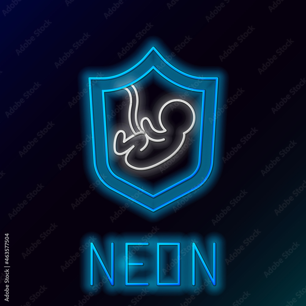 Fototapeta premium Glowing neon line Life insurance with shield icon isolated on black background. Security, safety, protection, protect concept. Colorful outline concept. Vector