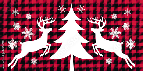 Jumping Deer buffalo plaid card. Christmas vector illustration.