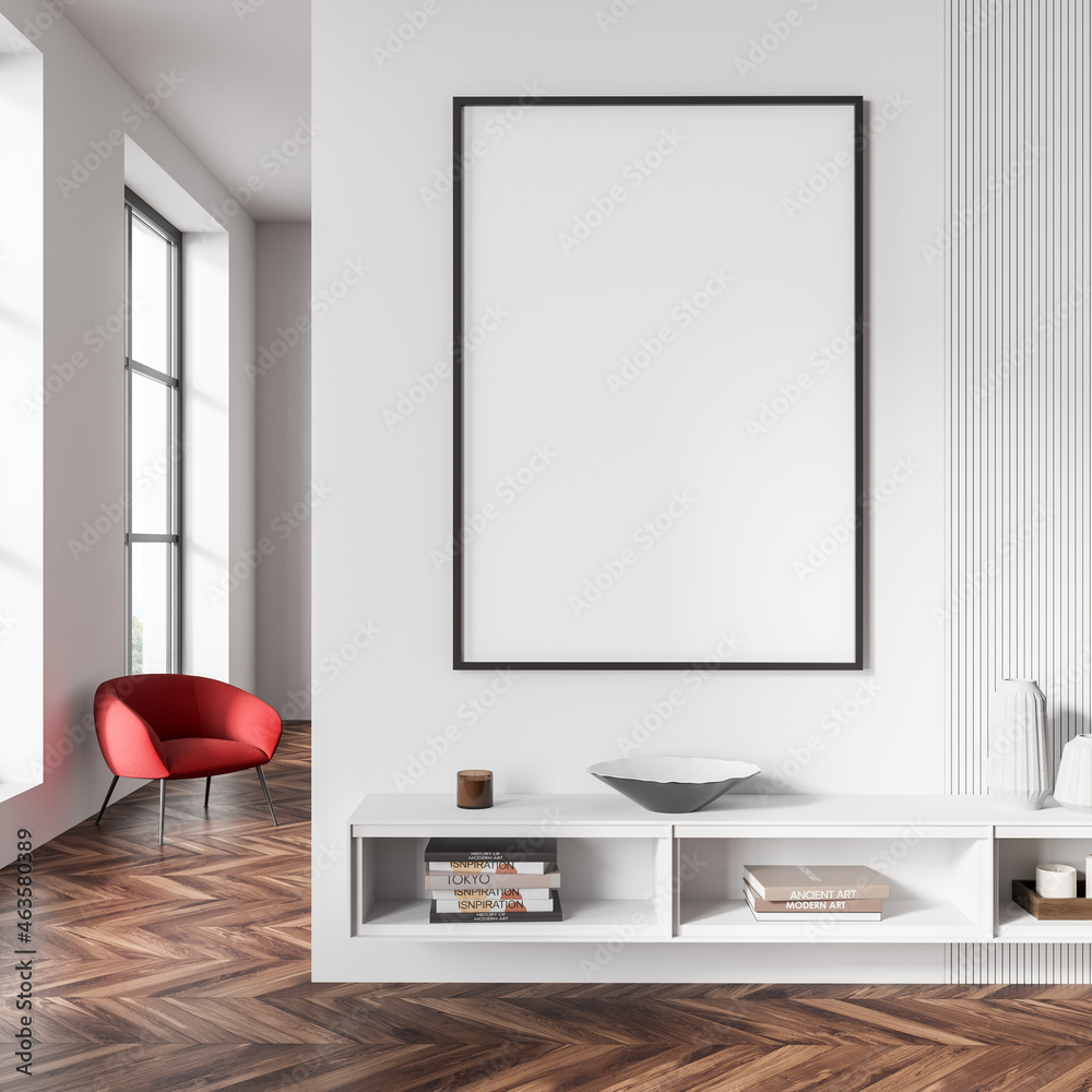 Light exhibition room interior with drawer and decoration, mockup poster Light exhibition room interior with drawer and decoration, mockup poster