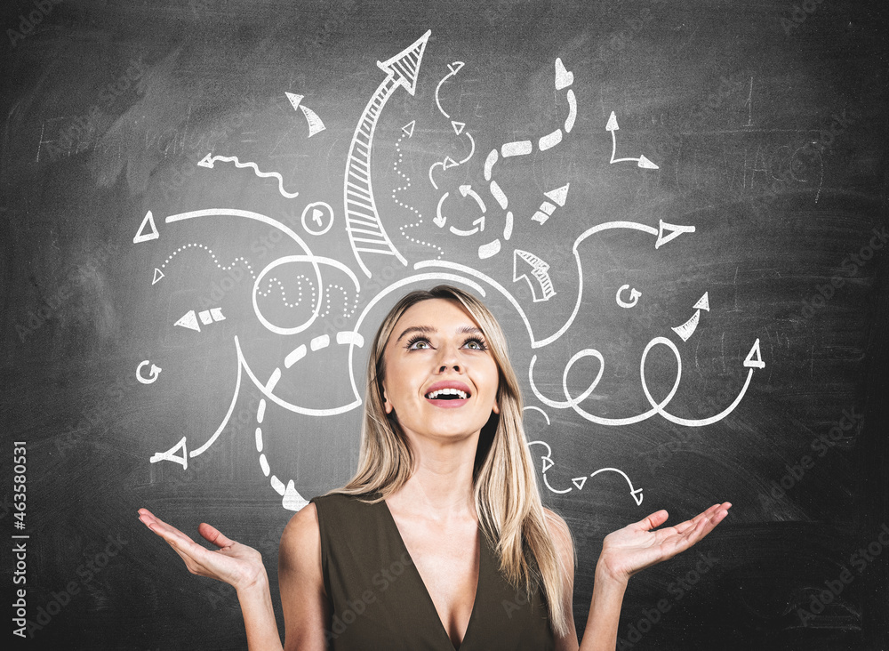 Businesswoman inspired, arrows with different direction, new idea Businesswoman inspired, arrows with different direction, new idea