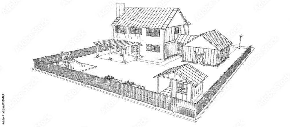 Modern beautiful house. Cottage design skech. 3D illustration.
