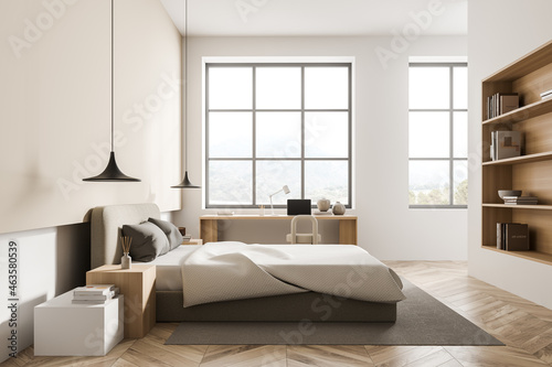 Light bedroom interior with bed and workplace near window  mockup