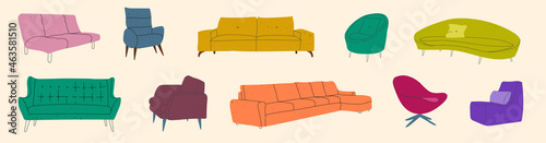 Set of bright modern colorful comfortable upholstered armchairs and Couches. Upholstered furniture for rest and relaxation. Interior decoration, interior design. Vector Isolated illustration.