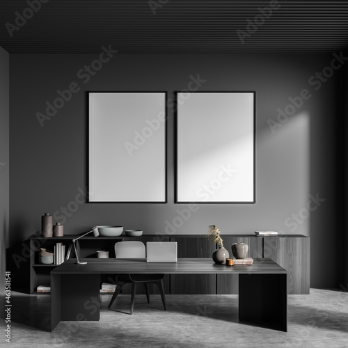 Grey manager room interior with chair and table  mockup posters