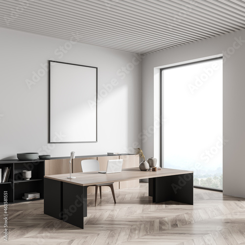 White manager room interior with chair and table, window and mockup poster
