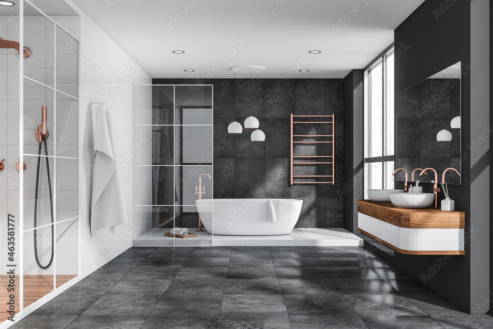 Grey bathroom with tiled floor and walls - obrazy, fototapety, plakaty 