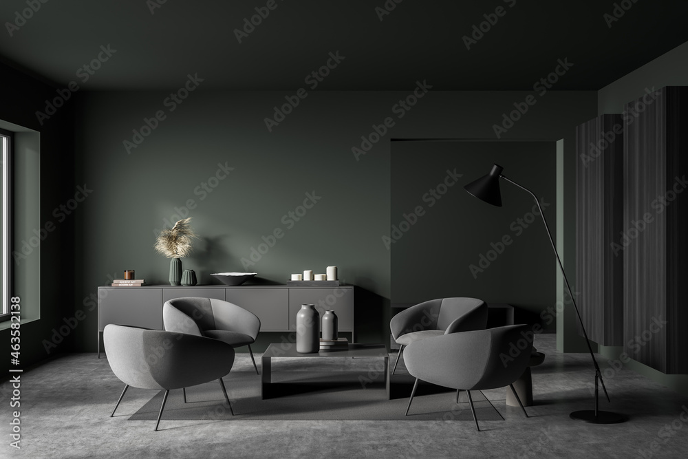 Dark green and grey seating area in modern living room - obrazy, fototapety, plakaty 