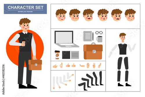 3\4 view animated characters. Office man character constructor with various views, face emotions, poses, gestures and office tools. Cartoon style, flat vector illustration