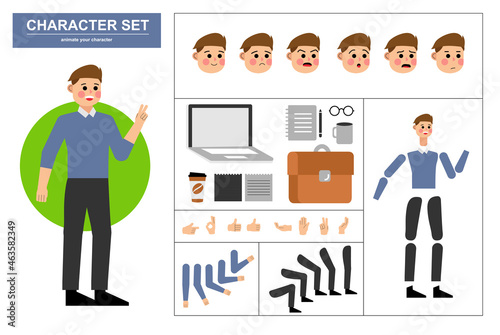 3\4 view animated characters. Office man character constructor with various views, face emotions, poses, gestures and office tools. Cartoon style, flat vector illustration