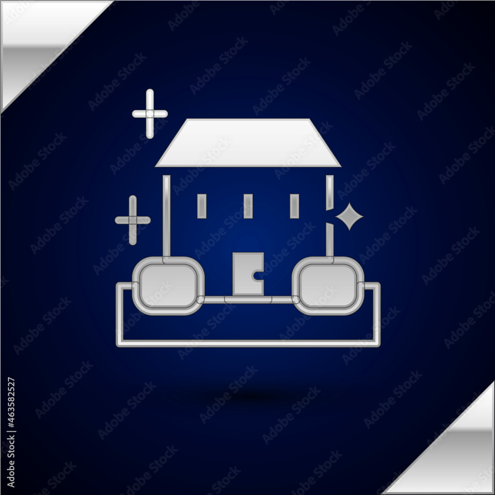 Silver Home cleaning service concept icon isolated on dark blue background. Building and house. Vector Silver Home cleaning service concept icon isolated on dark blue background. Building and house. Vector
