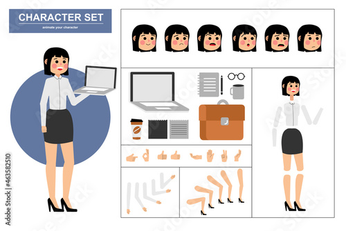 3\4 view animated characters. Office woman character constructor with various views, face emotions, poses, gestures and office tools. Cartoon style, flat vector illustration