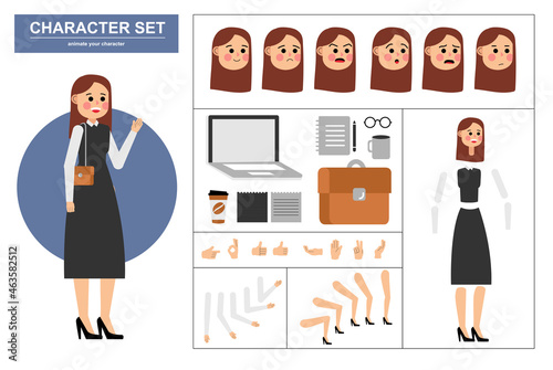 3\4 view animated characters. Office woman character constructor with various views, face emotions, poses, gestures and office tools. Cartoon style, flat vector illustration